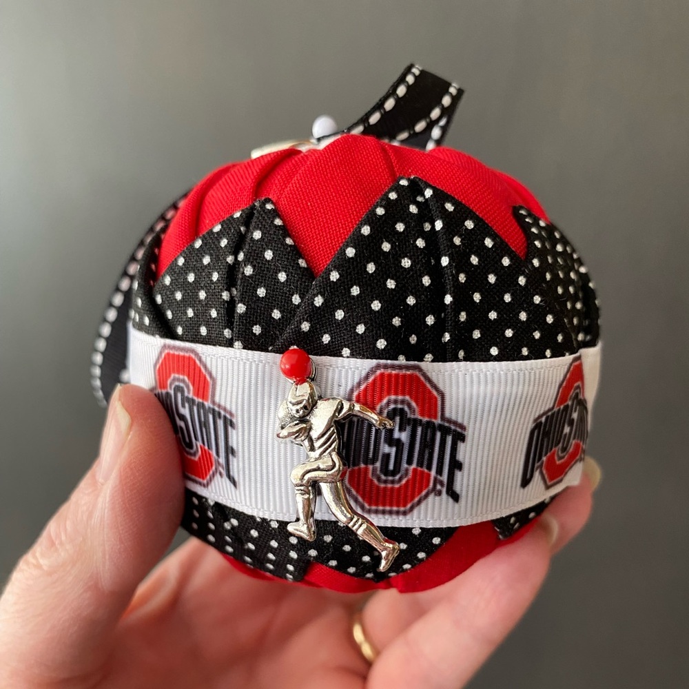 Handcrafted by me, Ohio State quilted ornament black,red,white. 4” ball,10”diam.